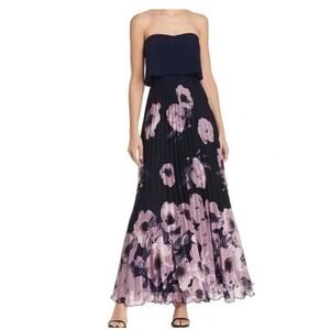 AQUA Navy Blue Floral Strapless Maxi Dress Pleated Skirt Bloomingdales Sz 0 $225